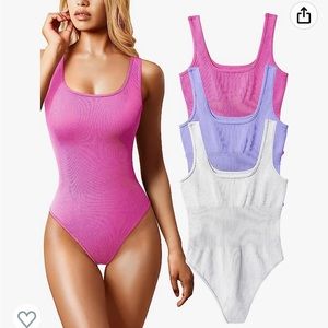 3-pack Snatch Waist Ribbed Bodysuits Square Neck Sleeveless Tank Top